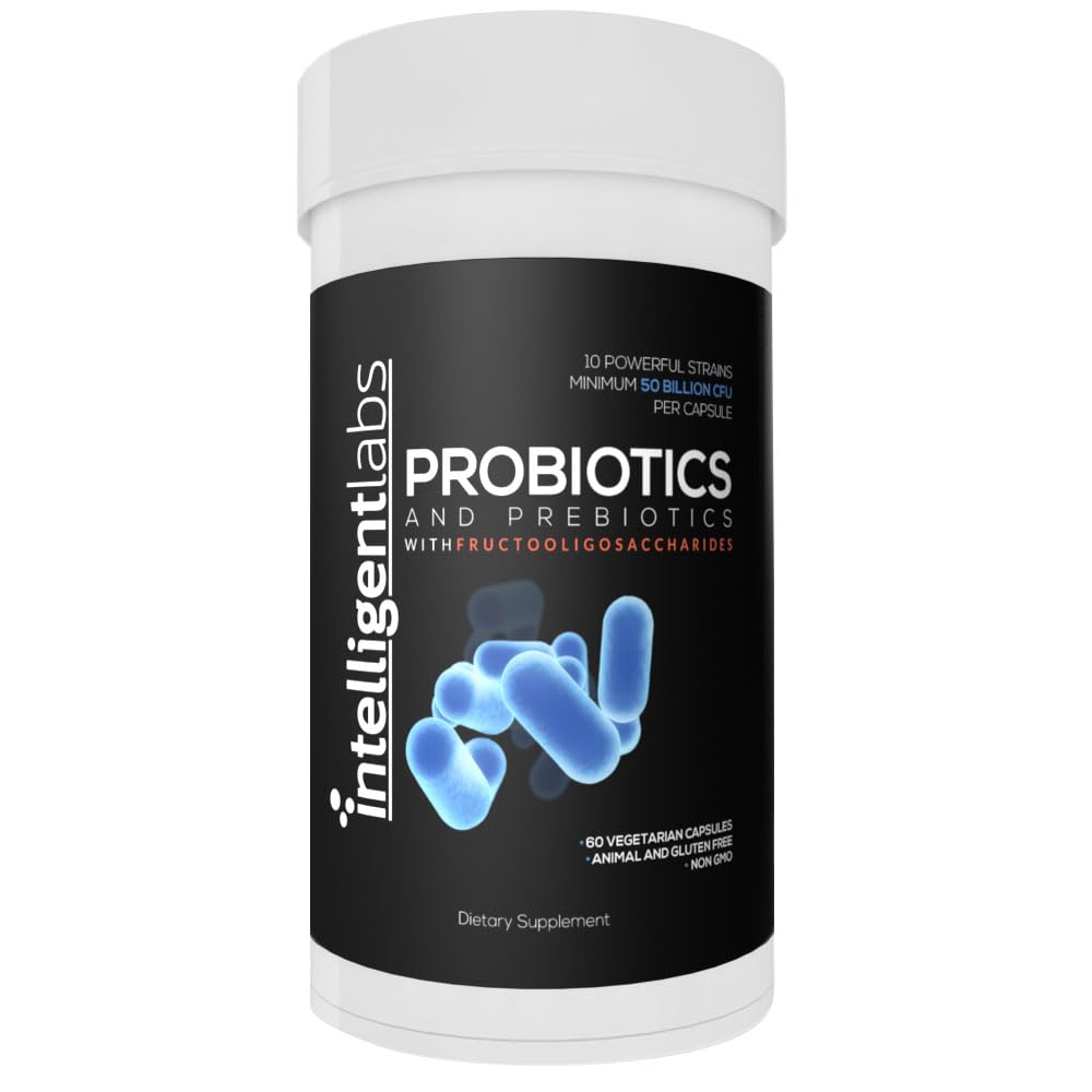 מעבדות חכמות 50 מיליארד CFU פרוביוטיקה עם Prebiotics, No Refrigeration Needed, עם Sunfiber ו- FOS עבור 10x יותר יעילות, 60 יום אספקת בקבוק, צד שלישי מאומת עבור פורסיטי