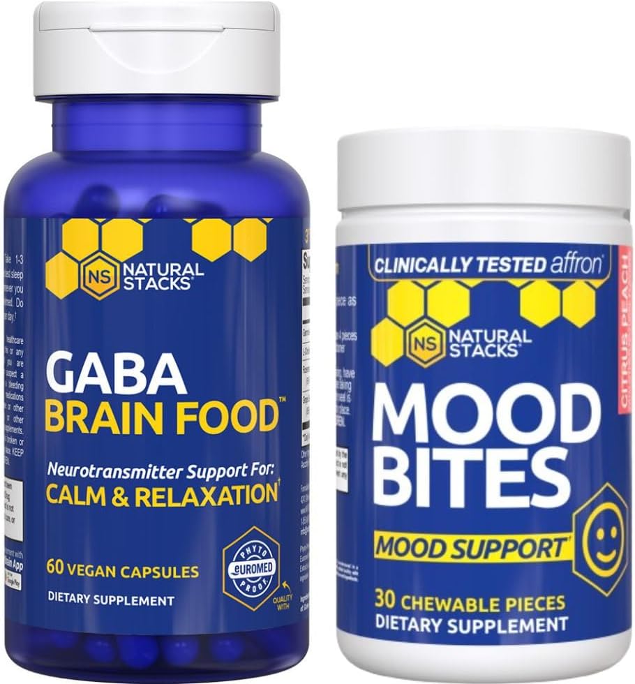 NATURAL STACKS Mood Bites + GABA Brain Food Bundle - תמיכה מרגיעה ושיפור Mood * 90 Total Pieces