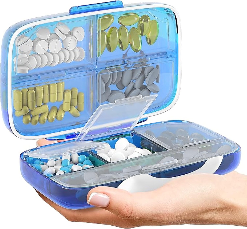 Travel Pill Organer - Airtight Medicine Case for Travel Portable Pharmacy Box with Labels Container 8 השוואתי תרופות הולדר יכולות גדולות מדי יום (כחול)