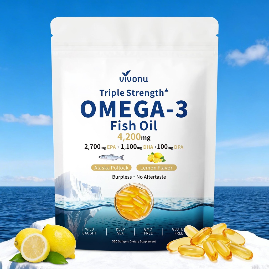 VivoNu Triple Strength Omega 3 Fish Oil - 4200mg, 300 Softgels | Enteric-Coated for No Fishy Aftertaste | Wild-Caught | Third-Party Tested