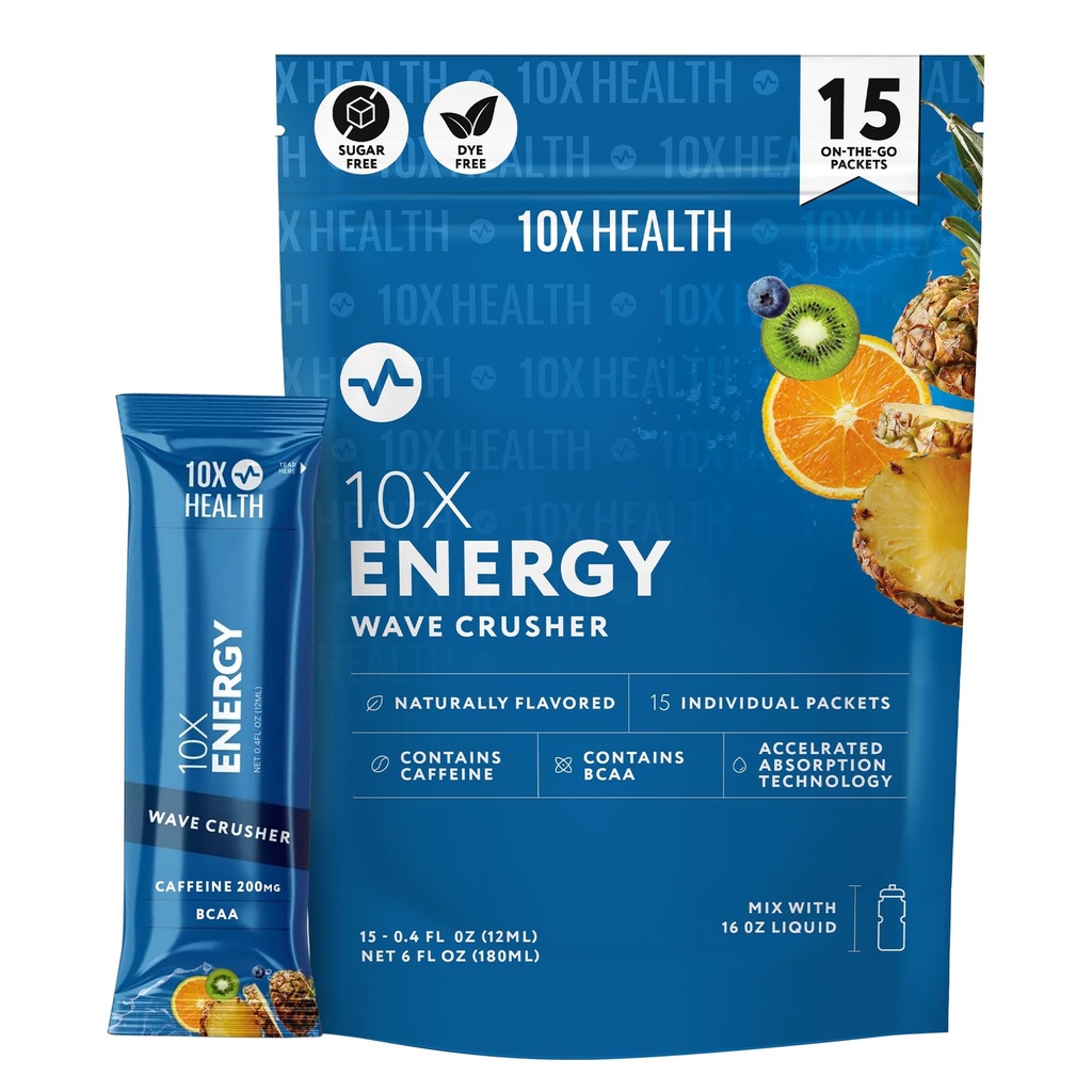 10X בריאות - Energy Wave Crusher - משקאות אנרגיה עם 200 מ"ג Caffeine, BCAAs, ויטמין B, Accelerated Absorption - קוסמטיקה Punch Pre-Workout שתייה - 15 שתיה Packets (Wave Crusher - אנרגיה)