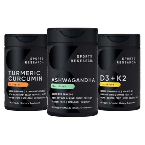 Sports Research® Multivitamins Pack - Natural Ayurvedic Adaptogen Made with Shoden® Ashwagandha + Turmeric Curcumin C3 Complex + Vegan Vitamin D 5000iu & Mk7 Vitamin K 100mcg