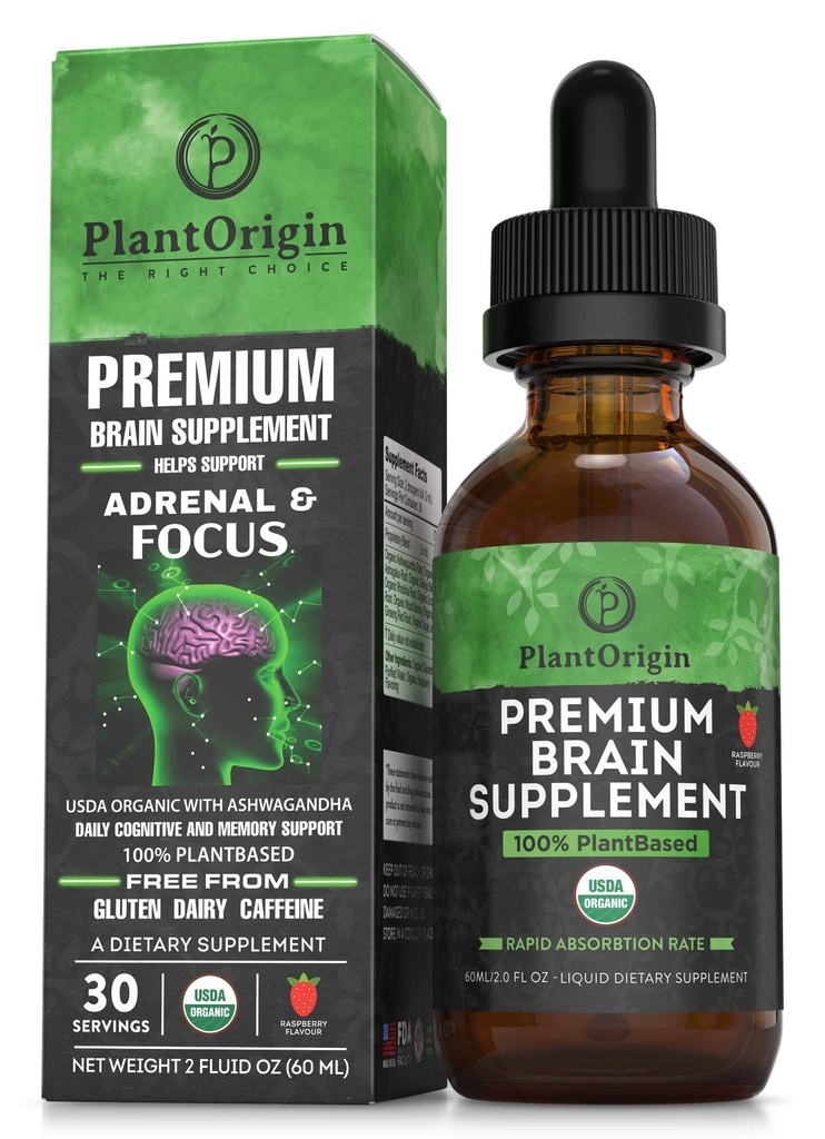 PLANIGIN-USDA נוזל מוח תוסף - Plant-based Nootropic טיפות עבור Focus, Memory & Mental Clarity - טבעוני, Non-GMO, Caffeine-Free, Ashwagandha, גיינסנג, גינקו, Rhodiola - Made בארה"ב