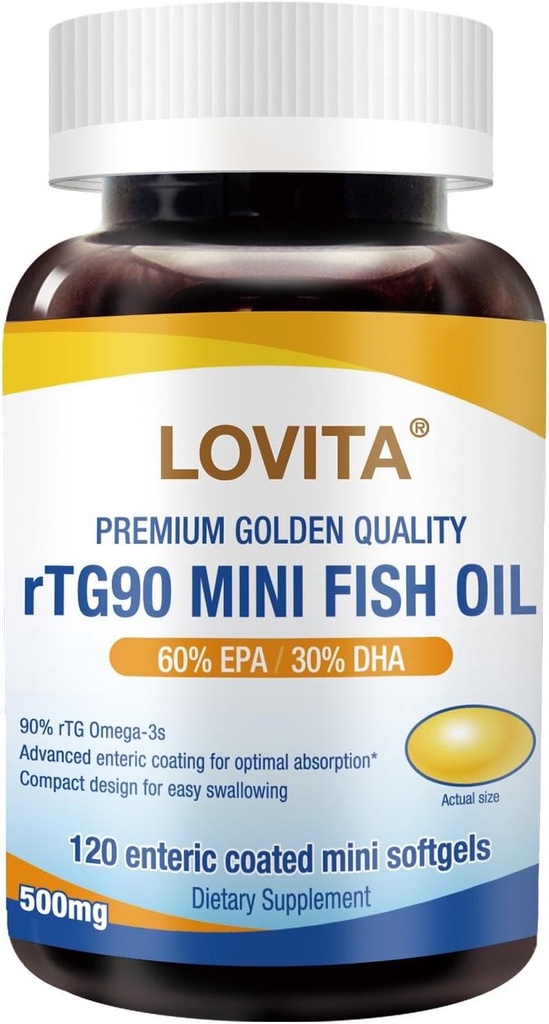 Lovita rTG 90 מיני דגים שמן, 2000 מ"ג יומי: High Absorption rTG טופס, 90% אומגה 3 | Burpless, Easy to Swallow | תמיכה בריאה לב, מוח ועיניים | 120 Softgels מוכנסים