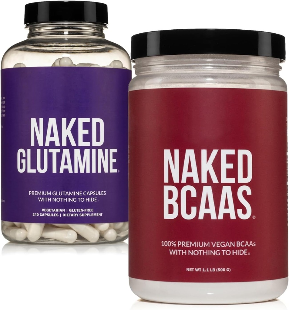 NAKED Unflavored BCAAs 100 Sevings + Pure L-Glutamine 240 קפסולות Bundle: non-GMO, Gluten Free, שריר התאוששות, שום דבר מלאכותי