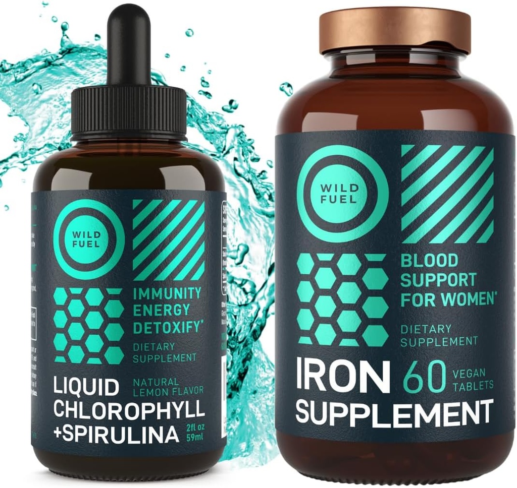 WiLD FUEL ברזל טבליות לנשים עם Folic Acid ונוזל Chlorophyll עם בריאות נשית Spirulina ו Detox Bundle