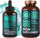 WiLD FUEL ברזל טבליות לנשים עם Folic Acid ונוזל Chlorophyll עם בריאות נשית Spirulina ו Detox Bundle