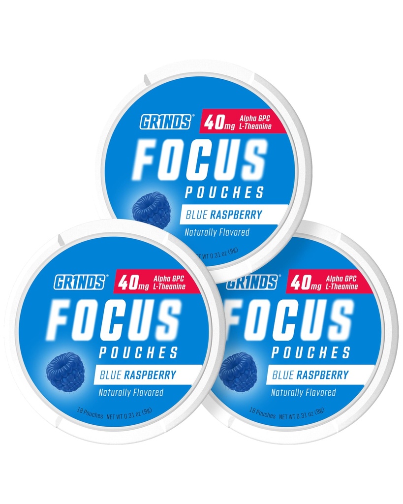 GRINDS Focus Pouches - באופן טבעי משולם עם nootropic Ingredients - מכיל אלפא GPC ו L-theanine, Sugar-Free - 3 Pack, 18 Pouches Per Can - Blue Raspberry