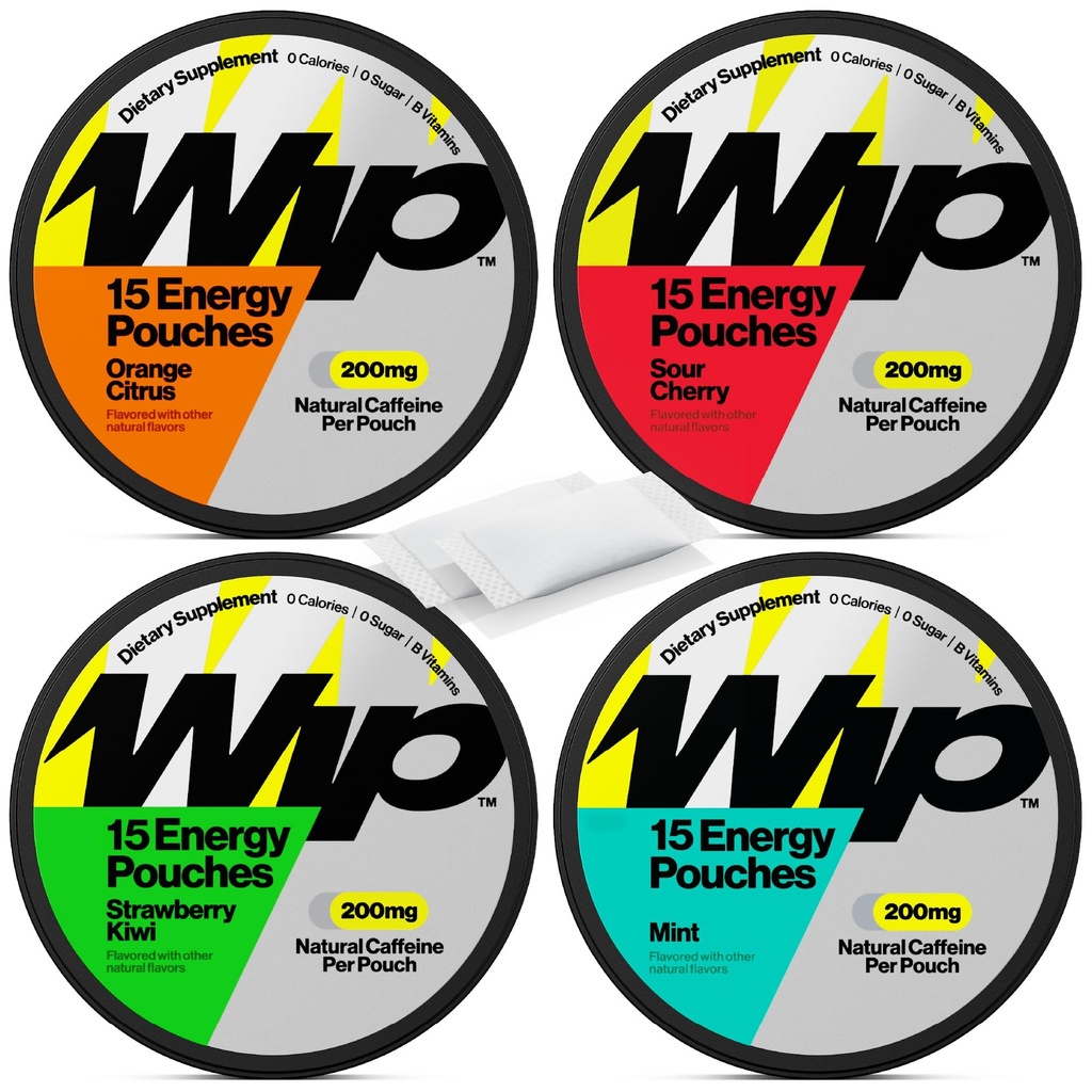 Wip Energy Pouches | 200mg Natural Caffeine | ויטמינים ומינרלים | 4 Pack Assorted: Sour Cherry, Mint, Orange Citrus, Strawberry Kin