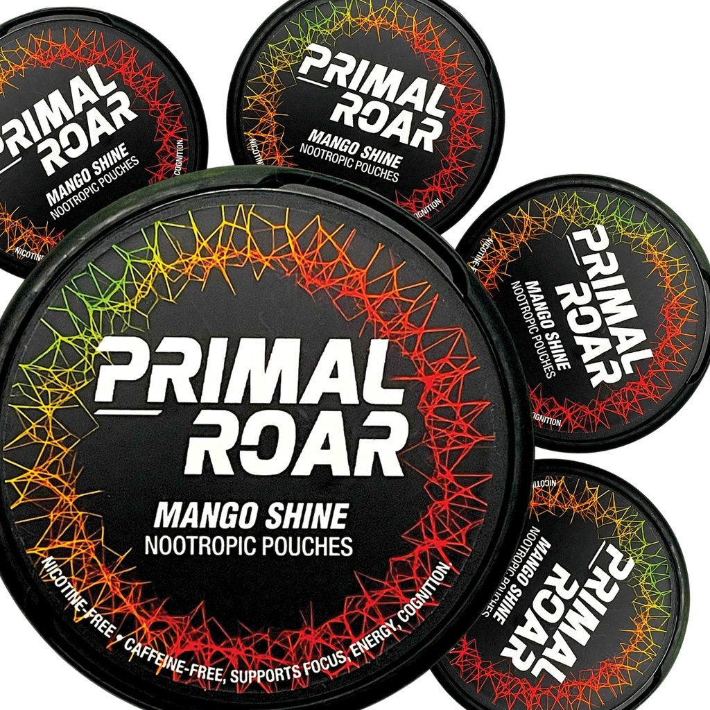Primal Roar מנגו Shine - Stimulant-Free Deep Nootropics Pouches | Lion's Mane + Cognizin Citicoline + Huperzine A | Nicotine ו Caffeine-Free | 20 Pouches Per Can (100 מוחלט ב 5-Pack)