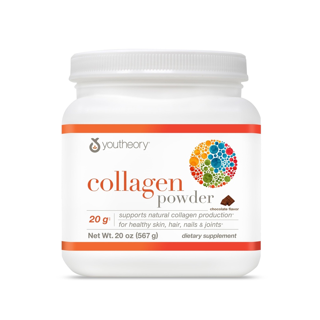 Youtheory Collagen Powder - 20 g Hydrolyzed Collagen Peptides - with Vitamin C, Biotin & Amino Acids - Supports Joint & Bone Health* - Chocolate - 20 oz (21-Day Supply)