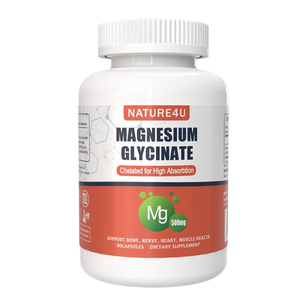 Magnesium Glycinate 500 מ"ג, 100% Chelate for High Absorption Magnesium תוסף עבור שינה, שריר, לב, אף פעם ותמיכה העצם, 90 קפסולות