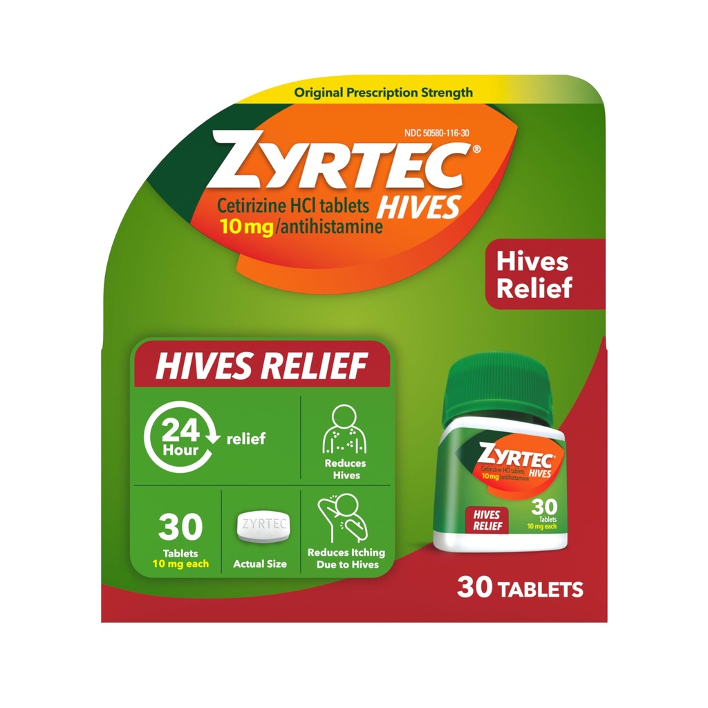 Zyrtec 24 Hour Hives הקלה טבליות, 10 מ"ג Cetirizine HCl טבליות כדי לעזור להפחית Hives ולהפחית את גירוד בשל Hives, טבליות אנטיהיסטמין עבור Itch הקלה וטיפול של Urticaria, 30 ct ct.