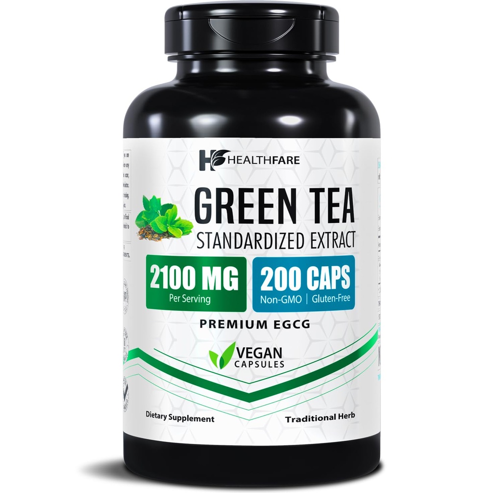 Healthfare Green Tea Extracts 2100 מ"ג | תוספת סטנדרטית עם EGCG & Polyphenols | 200 קפסולות טבעוניות | תוספת תמיכה אנטי-חמצן