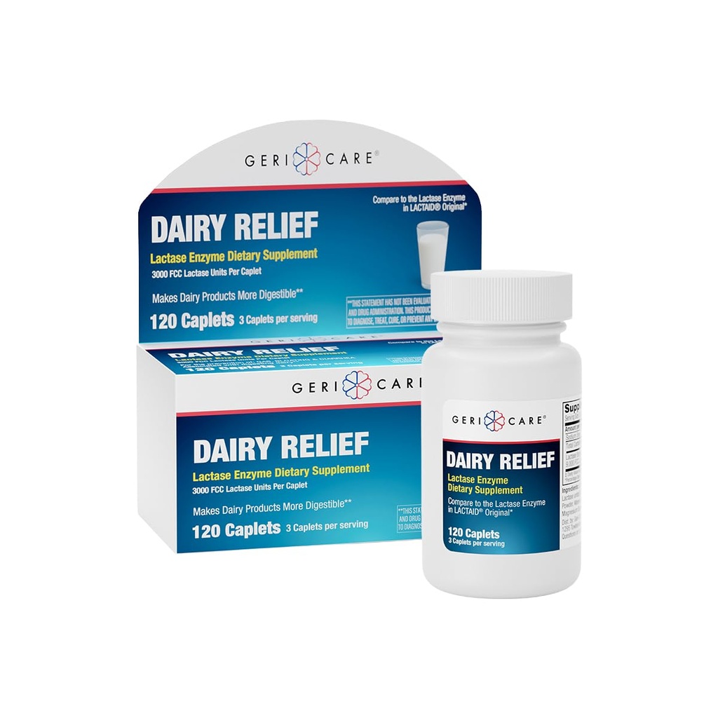 GeriCare Lactase Enzyme Dairy Relief Caplets – 3000 FCC Units, Digestive Enzyme Supplement for Dairy Products, for Better Lactose Digestion, Helps Prevent Gas, Bloating & Stomach Discomfort, 120 Count