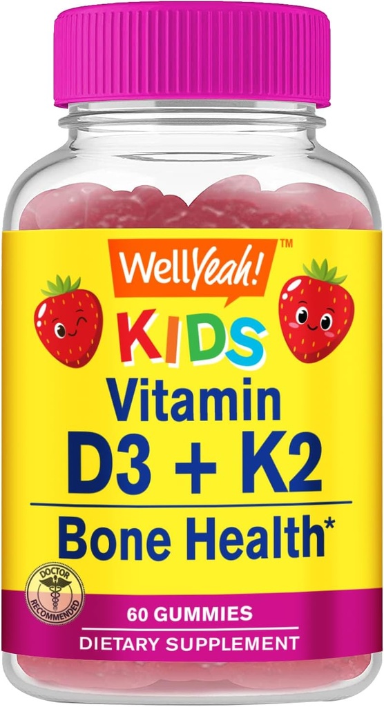 ובכן, ויטמין D3 + K2 עבור ילדים מסטיקנים - ויטמין D3 1000 IU, K2 100 MCG - העצם ותמיכה בריאות השרירים, Natural Flavors, GMO חינם, Gluten Free, טבעוני - K2 D3 ויטמין תוספי ויטמינים - 60 מסטיקנים