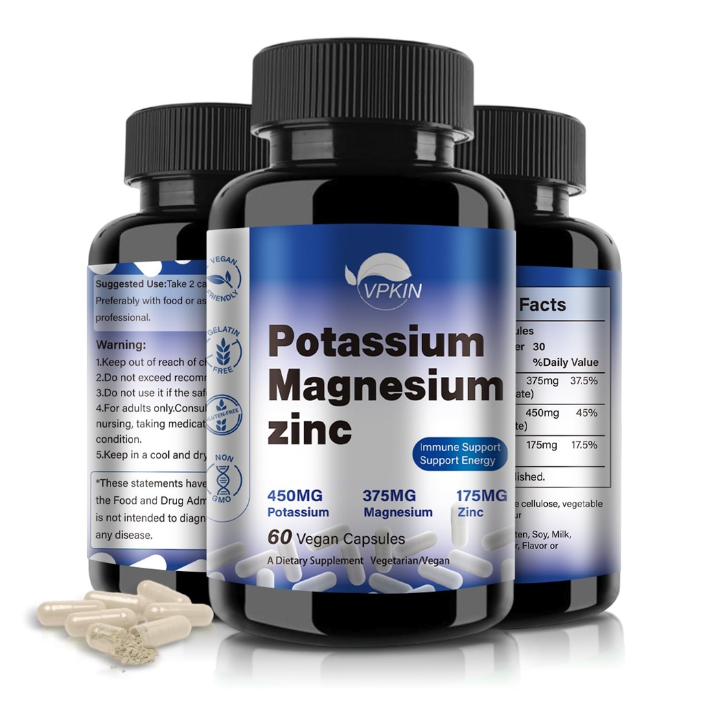 Potassium Magnesium תוסף 1000mg, Magnesium Potassium Zinc for Leg Cramps, High Absorption Magnesium Complex,Vegan (60 קפסולות)