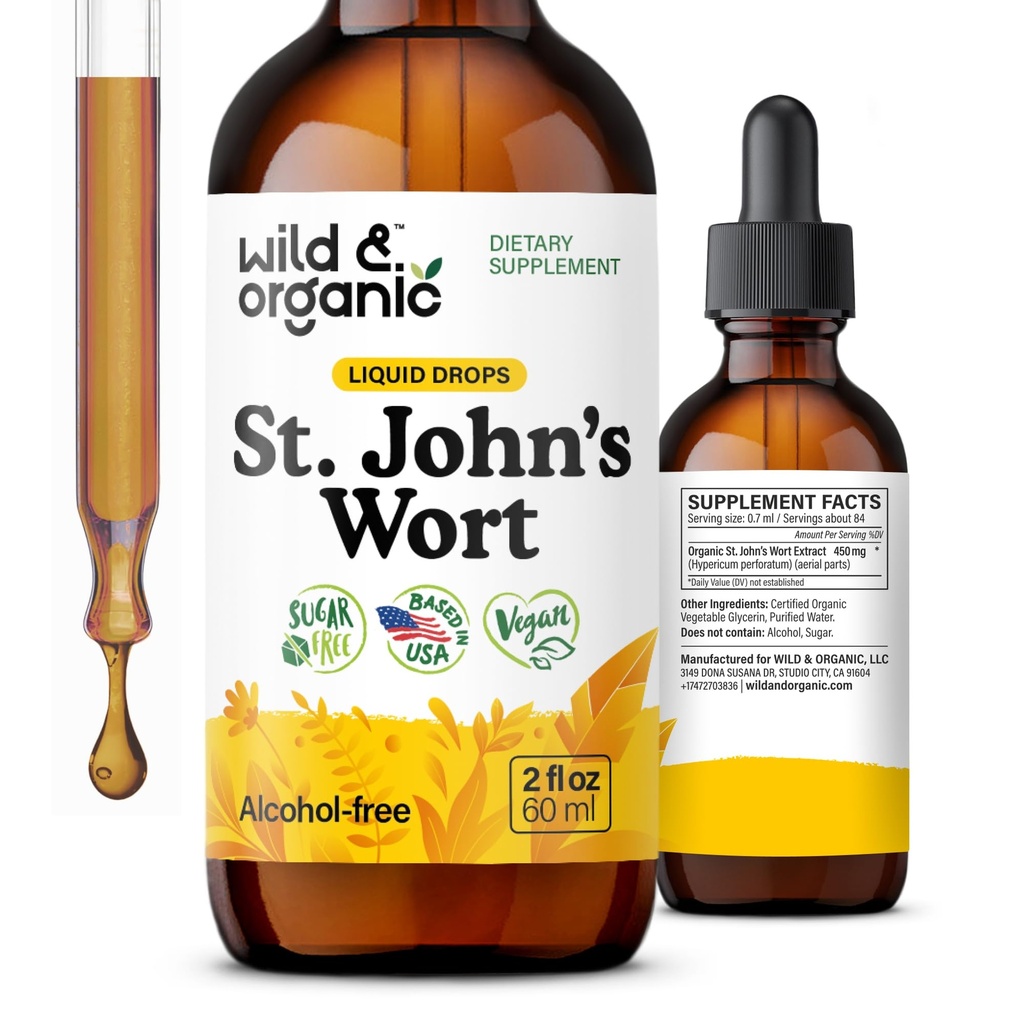 Wild & אורגני סנט ג'ונס Wort Tincture - תמיכה מודי - מרגיעה את התוסף של סנט ג'ון - נוזל Hypericum Perforatum Herb Drops - טבעוני, סוכר ואלכוהול חינם - 2 fl oz oz