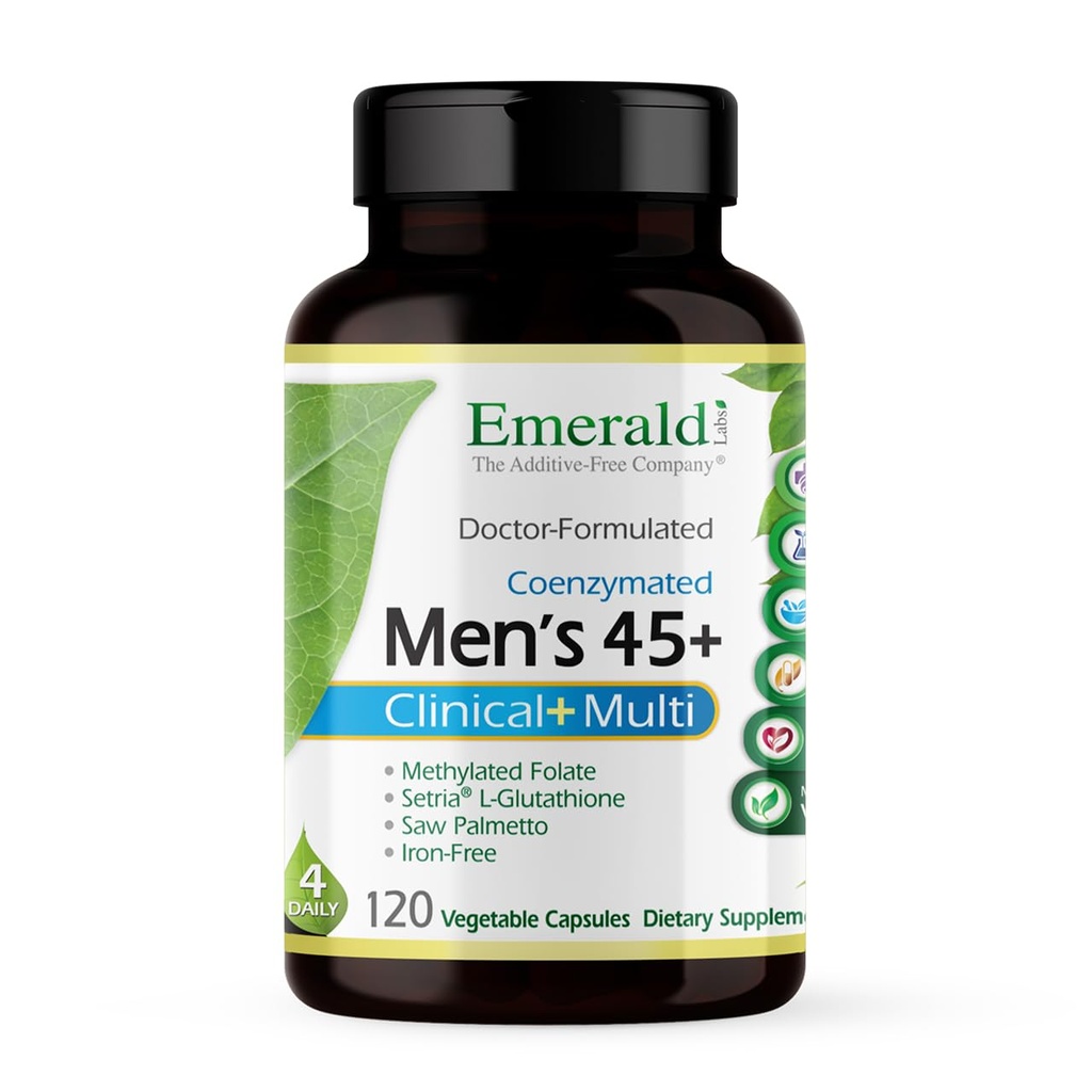 EMERALD LABS Men's 45+ Clinical Multivitamin לתמיכה מקיפה, Bone & Heart Health * - מיועד לגברים 45+ - Gluten-Free & Vegetarian - 120 קפסולות ירקות (30 ימים אספקה)