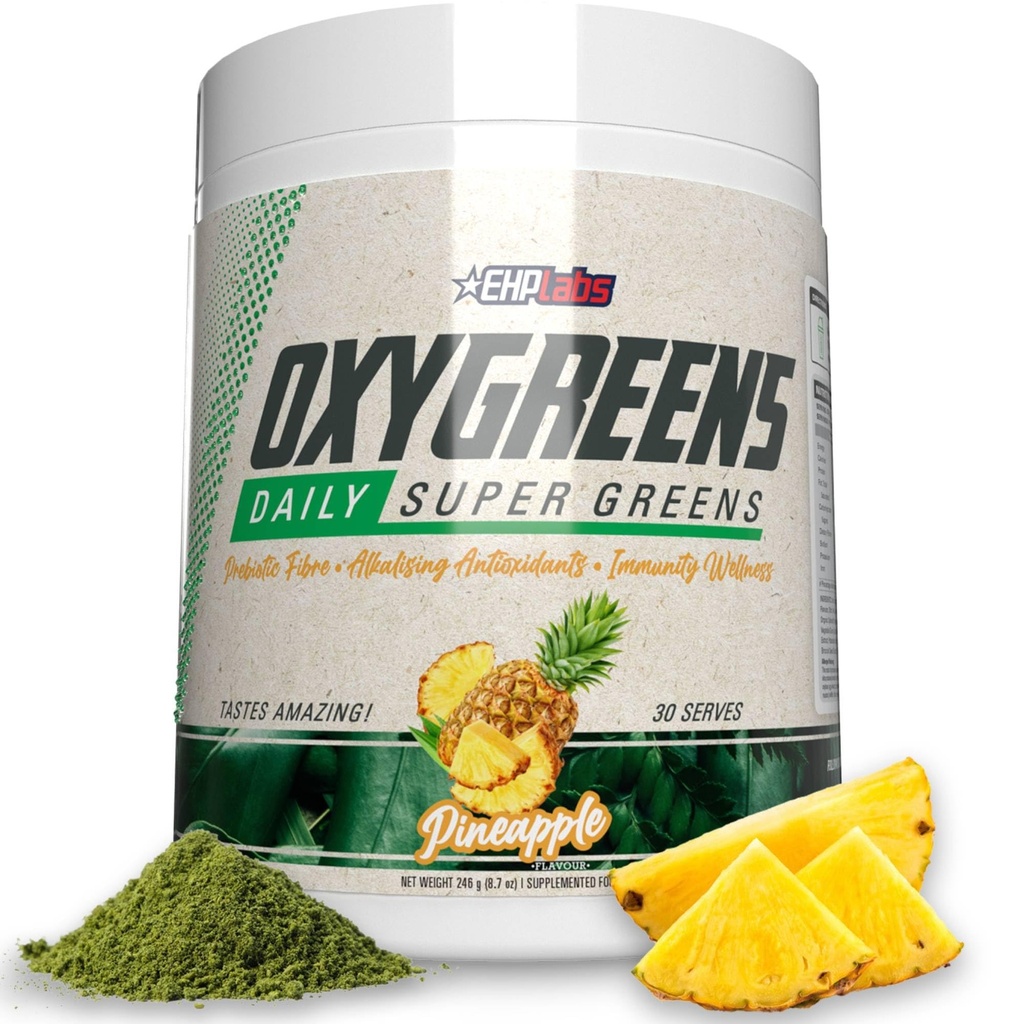 EHP Labs Oxy Greens אבקת Super Greens - Spirulina & Chlorella Superfood, אבקת מיץ ירוק תוספת עם Prebiotic Fibre, Antioxidants & Immunity תמיכה, 30 משרתים (Pineapple)