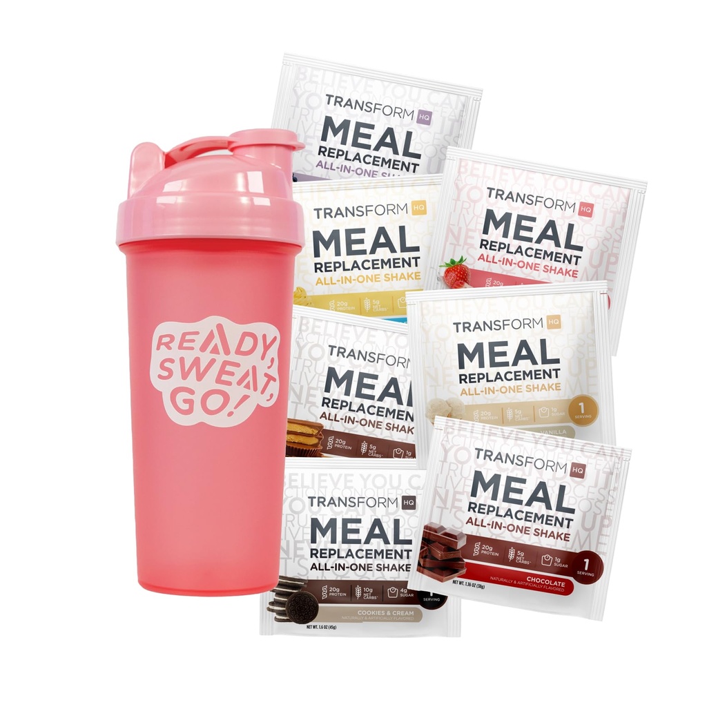 TransformHQ Meal החלפת Shake Variety Box with Pink Shaker, 7 Single-משרתת Shake Packs