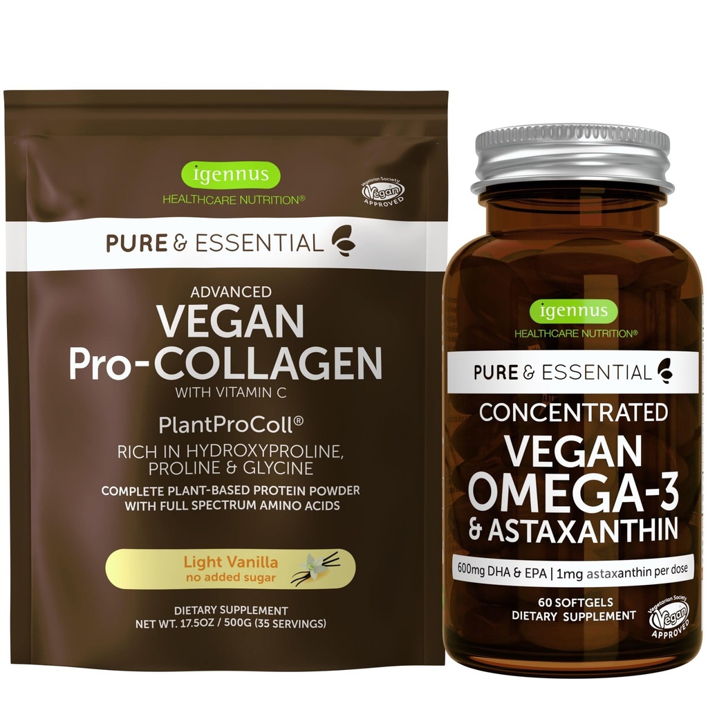 אבקת חלבון טבעוני Vanilla Collagen ו- Vegan אומגה 3 Bundle, שלם Collagen Boosting Formula & Sustainable Algae שמן 1340mg, על ידי Igennus