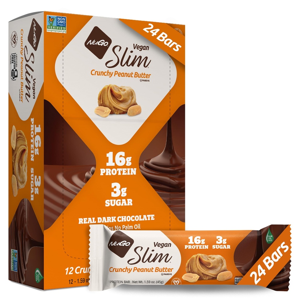 Nugo Slim Chocolate Crunchy Peanut Butter, 16g Vegan חלבונים, 3g סוכר, 7g סיבים, נמוך נטו Carb, Keto Friendly, Gluten Free, 24 Count