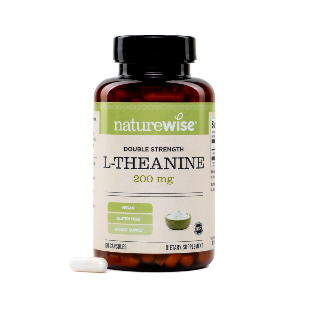 NatureWise Double Power L-theanine 200 מ"ג - טבעוני L Theanine תוספת של להרגעה + Sleep Support - NSF מוסמך L-theanine - Non-GMO, USA Manufactured - 120 קפסולות