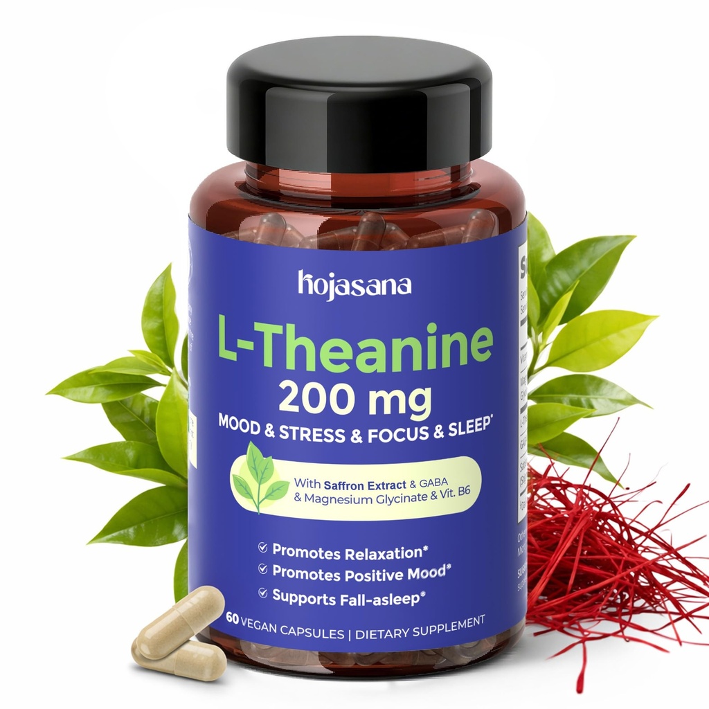 L Theanine 200 מ"ג עם Saffron, GABA, Magnesium Glycinate & ויטמין B6, L-theanine תוסף תרכובת מתקדמת פורמולה עבור Moodlaxation & Stress Relief & Sleep Support, 60 קפסולות טבעוניות