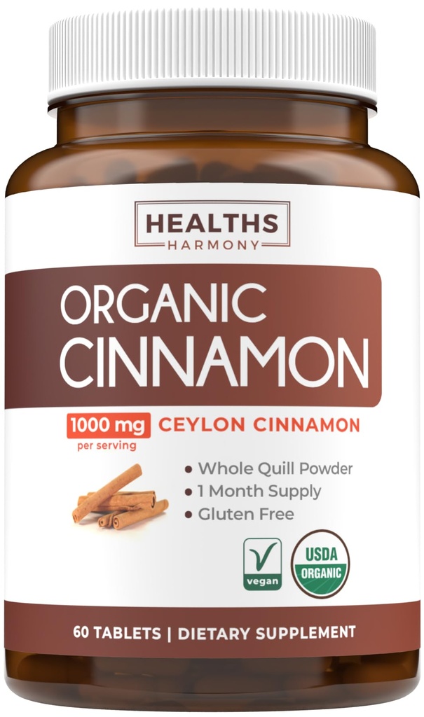 USDA אורגני Ceylon Cinnamon Pills - High Potency Ceylon Cinnamon תוספת עם 1000 מ"ג עבור תמיכה מלאה גוף אנטי-חמצן - טבעוני non-GMO cGMP Made & Lab מאומת (1 חודש אספקה)