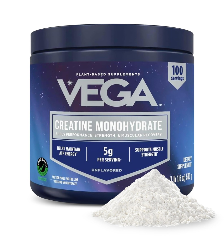 Vegaה Micronized Creatine Monohydrate אבקה, Unflavored - 5g Pure Vegan Creatine עבור גברים ונשים, כוח, ביצועים וצמיחה שרירים, 100 משרתים (17.6oz)