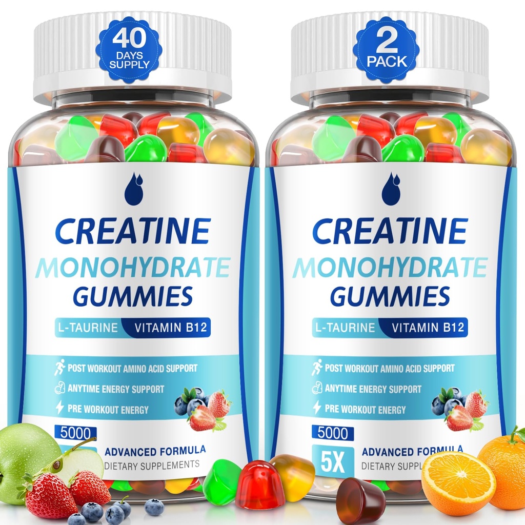 Creatine Gummies for Men & Women - Creatine Monohydrate Gummies 5g, שריר בונה, אנרגיה Boost & Pre-Workout תוסף, סוכר נמוך טאורין Chewable Gummy 2 Pack