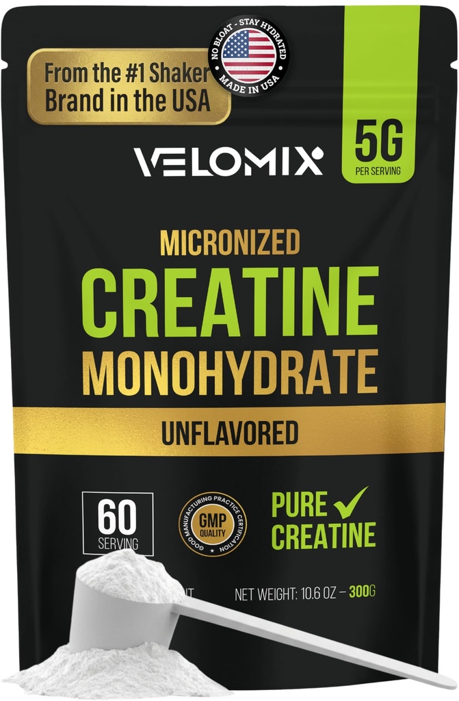 VELOMIX Micronized Creatine Monohydrate אבקת - 100% אבקת קראטין טהור Unflavored וקל למיקס | תמיכה בצמיחה שרירים, התאוששות וכוח | 5000mg Per comp (5g) - 60 משרתים