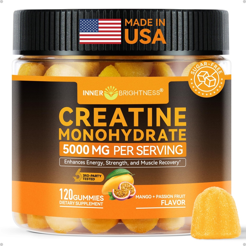Inner Brightness Creatine Monohydrate Gummies for Men & Women 5000 מ"ג, צד שלישי נבדק, Creatine Chews עבור צמיחה שרירית, כוח ואנרגיה תמיכה, סוכר חינם, טבעוני, 120 הרוזן, מנגו Passionפירות