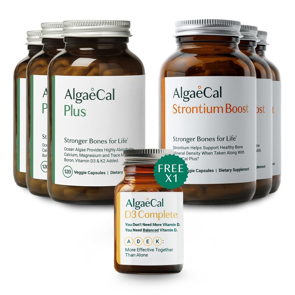 ALGAECAL Bone Health Bundle - חינם 4in-1 ויטמין D3 שלם ו רד Algae Calcium עם 16 חומרים מזינים חיוניים, תמיכה קלינית כדי להגדיל את הכחדת העצם בתוך 6 חודשים