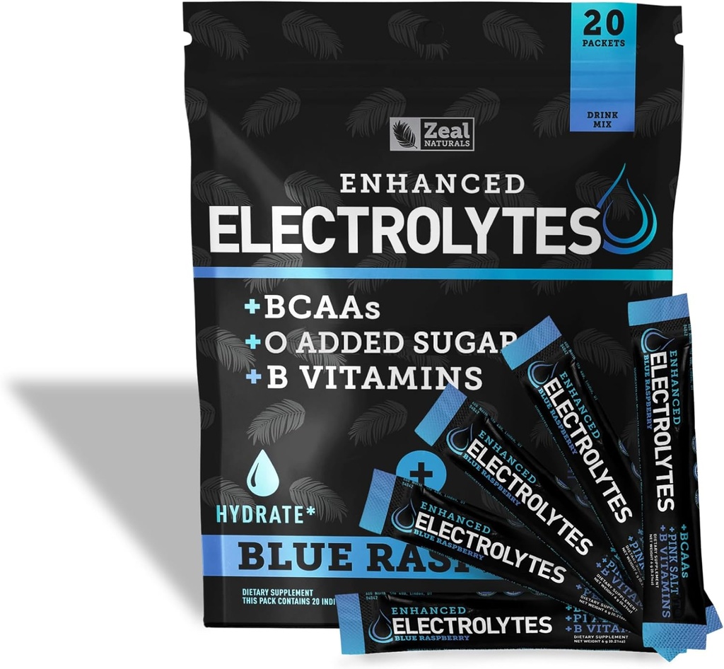 הגדלת פוליקת אלקטרוליטה Stick Packs (Blue Raspberry | 20 Packets) w / 0 Sugar +BCAAs +B-Vitamins Electrolyte תוסף w Potassium Zinc & Magnesium עבור הידרה - Keto Electrolytes