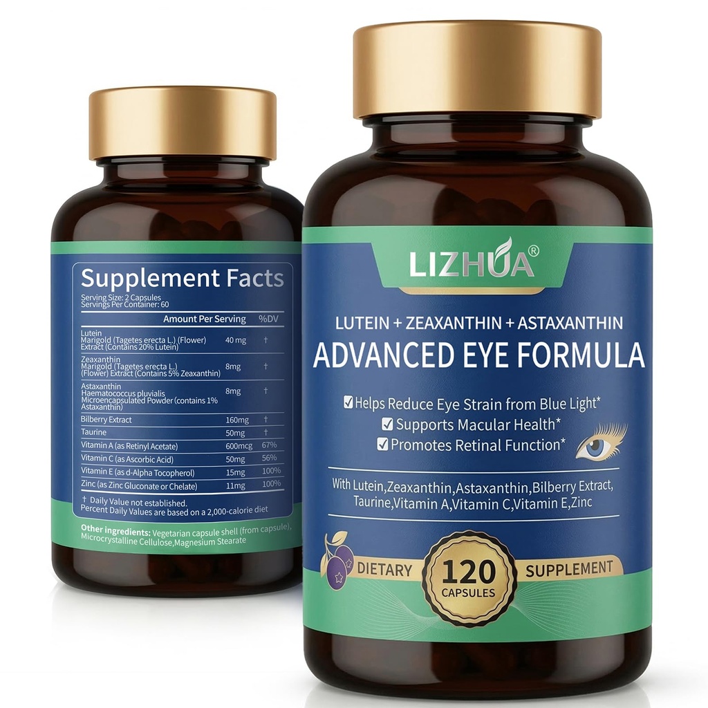Lutein 40mg & Zeaxanthin 8 מ"ג ויטמין, עם Astaxanthin, Bilberry, טאורין, ויטמינים A C E Zinc, Blue Light & Macular Support, 120 Veggie קפסולות