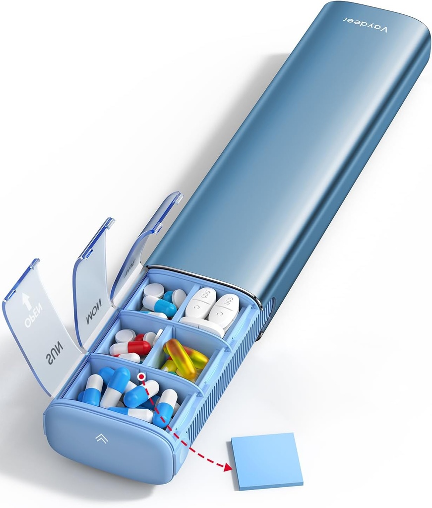 Vaydeer 7 Day שבועי גלולות מארגנת (Support 2 פעמים ביום), Metal Travel Pill Case, Large Capacity Daily Sweet Pill Box for Supplements, Pills, ויטמינים ותרופות (כחול)