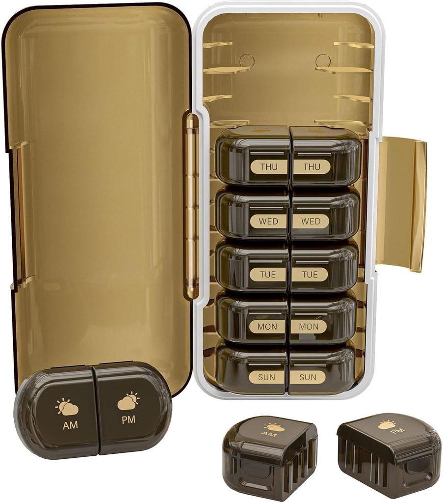 מארגנת גלולות שבועיות 2 פעמים ביום, Moisture-Proof, Detachable השוואתיות, AM PM Pill Box 2X 7 יום, Travel Pill מארגנת עבור גלולות / שמן שמן / תקשורת / Vitamin / Supplements (Brown)
