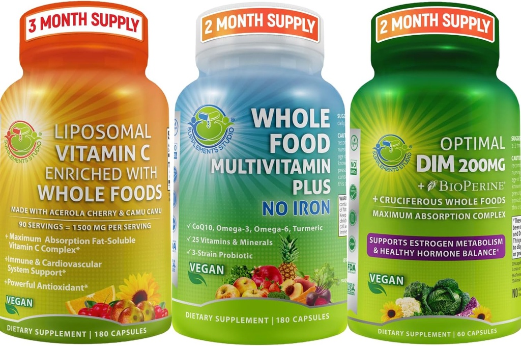 SUPPLEMENTS STUDIO טבעוני Immune, Energy & הורמון תמיכה Bundle עבור גברים ונשים - טבעוני מזון רב ויטמין ללא ברזל + Liposomal ויטמין C 1500 מ"ג + Optimal DIM 200 מ"ג עם bioPerine®