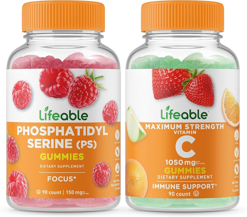 Lifeable Phosphatidylserine (PS) + ויטמין C 1050 מ"ג, חניכיים Bundle - גדול Tasting, ויטמין תוסף, Gluten Free, GMO חינם, Chewable Gummymymymy