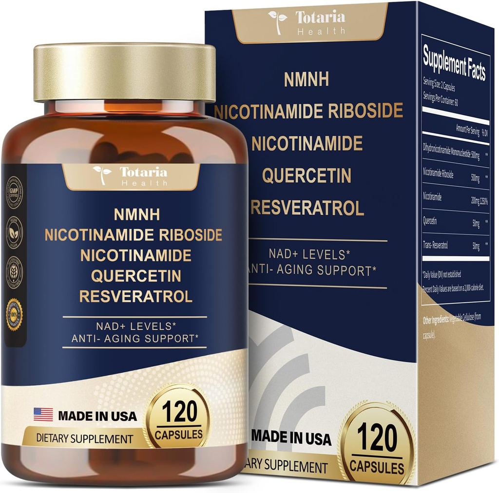 Totaria NMNH (Dihydronicotinamide Mononucleotide), NMNH תוספת תוסף w / Niacinamide (Vitamin B3), Quercetin, Trans-Resveratrol, תמיכה NAD+, Skin Cell Health *, Anti-Aging & Energy, 120s Capstin, Trans-Resveratrol, תמיכה NAD+, Skin Cell Health*, Skin
