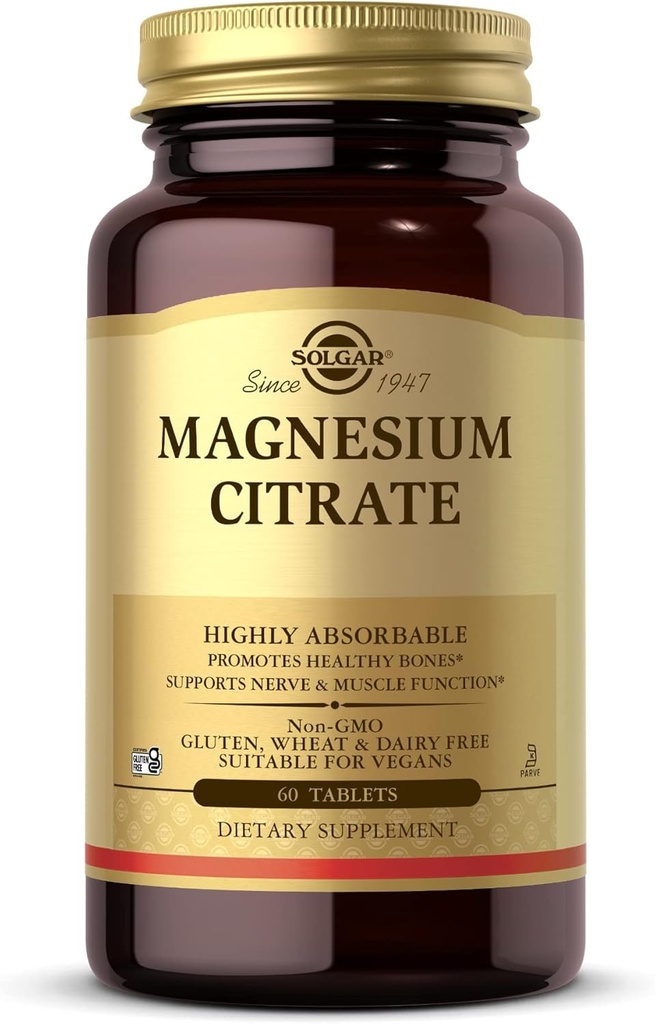 Solgar Magnesium Citrate - 60 טבליות - מקדם עצמות בריאות, תומך בתפקוד העצבים והשרירים - גבוה מאוד Absorbable - non-GMO, טבעוני, Gluten Free, כשר - 30 משרתים