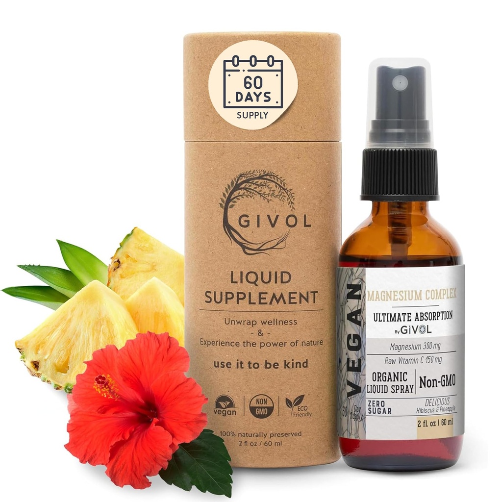 Tri Magnesium Complex - Magnesium Biglycinate, Citrate & Taurate נוזל Spray 300 מ"ג ויטמין C לקידום Serenity, Body Decompression - Hibiscus & Pineapple Flavor 60 מ"ל (2oz)
