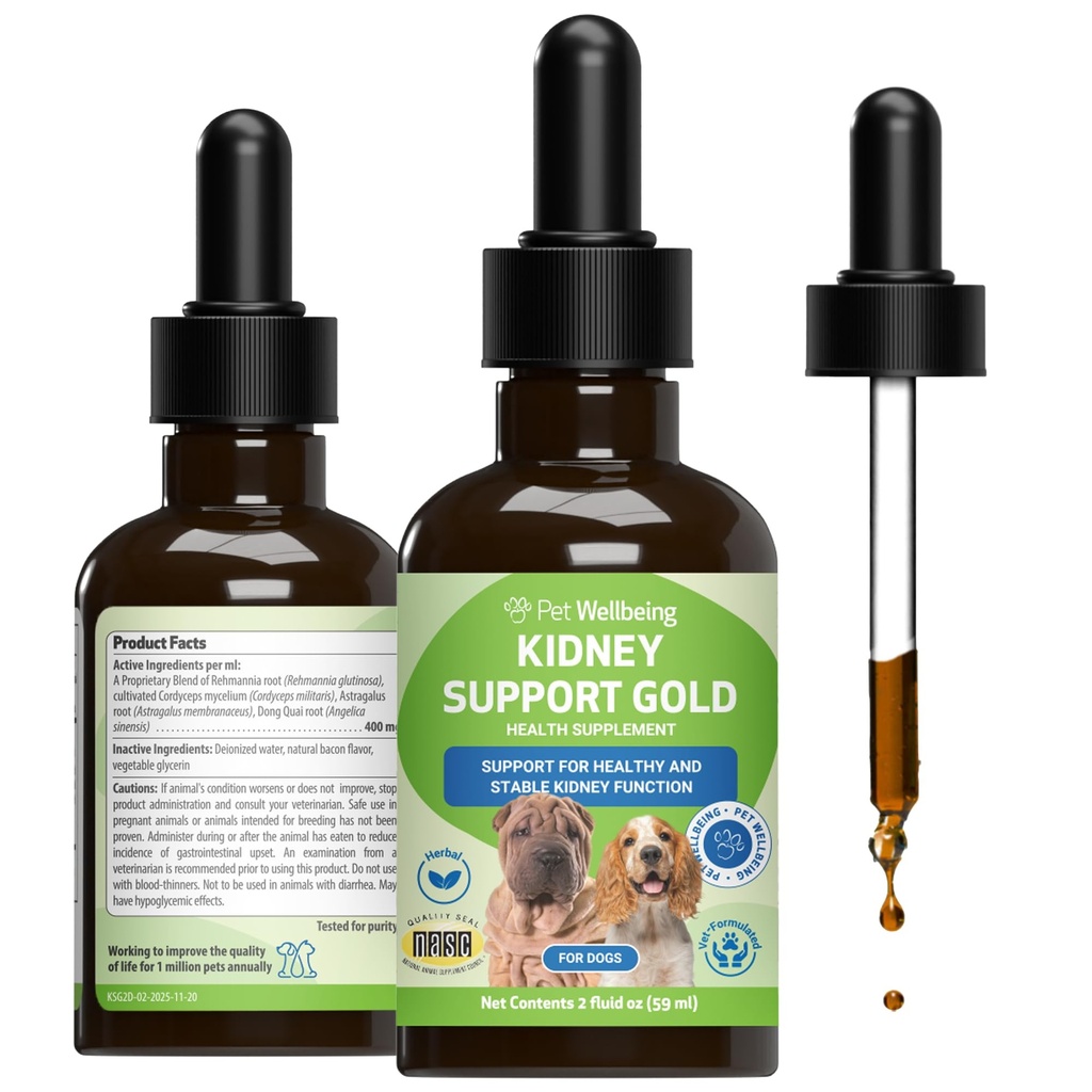 Pet Wellbeing Kidney Support Gold for Dogs - Supports Healthy Kidney Function, Fluid Balance, Energy Levels, Rehmannia, Dong Quai - Veterinarian-Formulated Herbal Supplement 2 oz (59 ml)