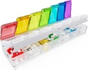 Fullicon Weekly Pill Productionser 7 Day Quick Fill & Spill Proof עיצב תיבת גלולה גדולה עם Free Labels Travel Medicine מארגנת עבור תרופות, ויטמין, שמן דגים, תוסף (Rainbow Clear)