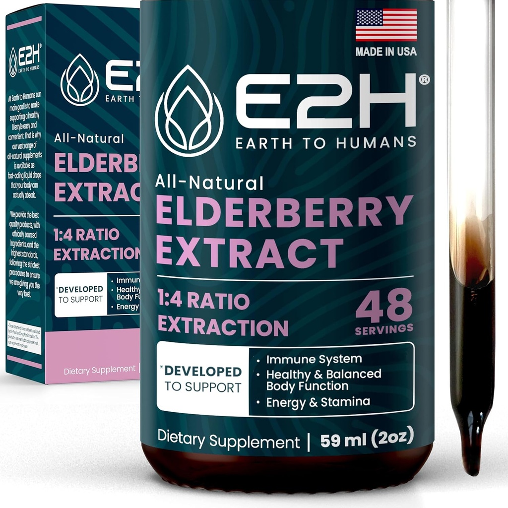 E2H Elderberry Syrup - Power Full Antioxidants תוספת של מזון אורגני מבוגרים - Sambucus Elderberry Srup לילדים ומבוגרים לתמיכה Immune - non-GMO, טבעוני - 2 Fl Oz