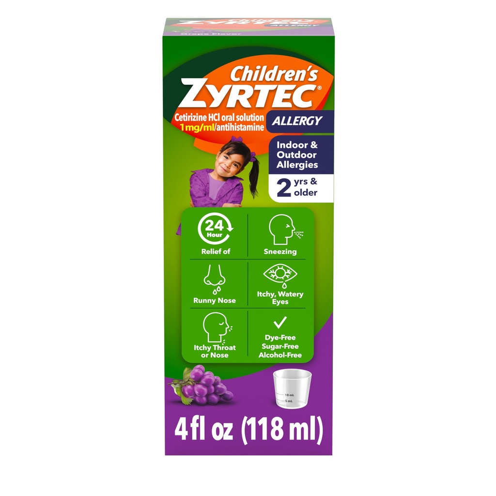Children's Zyrtec 24 Hour Allergy Relief Syrup, 5 mg Cetirizine Hydrochloride Antihistamine, Kids Allergy Medicine for Indoor & Outdoor Allergy Relief, Dye- & Sugar-Free, Grape, 4 fl. oz
