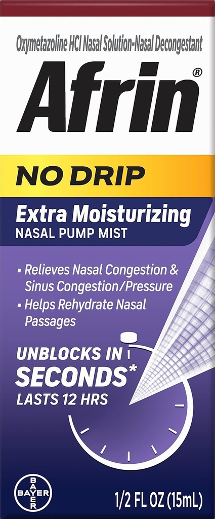 Afrin No Drip Extra Moisturizing 12 Hour Nasal Congestion Relief Pump Mist, Sinus Spray Decongestant - 15 mL