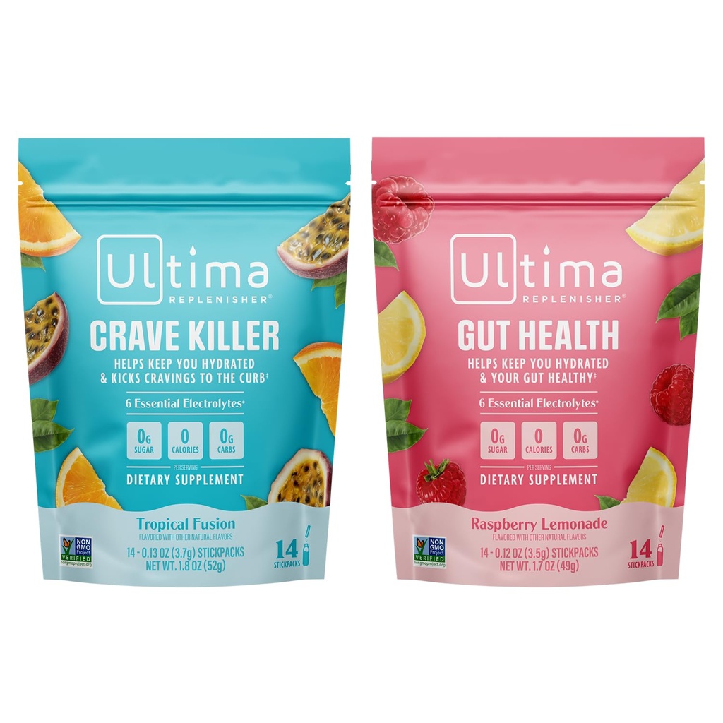 Ultima Replenisher Electrolyte אבקת לשתות Mix Bundle - סוכר חינם - Crave Killer and Gut Health, 14 Stickpacks - 6 אלקטרוליטים ומינרלים - Keto Friendly, טבעוני, non-GMO